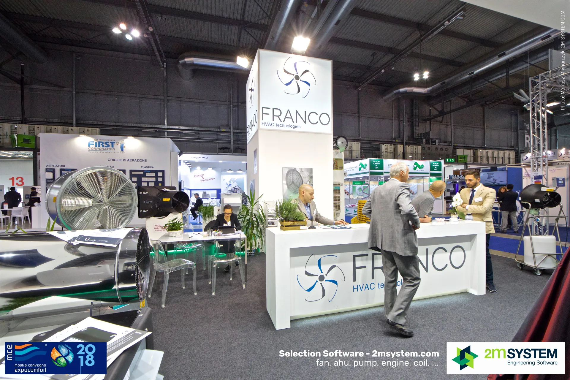 Franco stand with large axial circulation fans and branded tower at MCE 2018