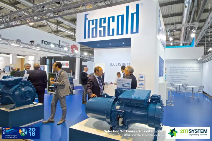 Frascold screw compressor in front of the 'Blue is better' wall at MCE 2018
