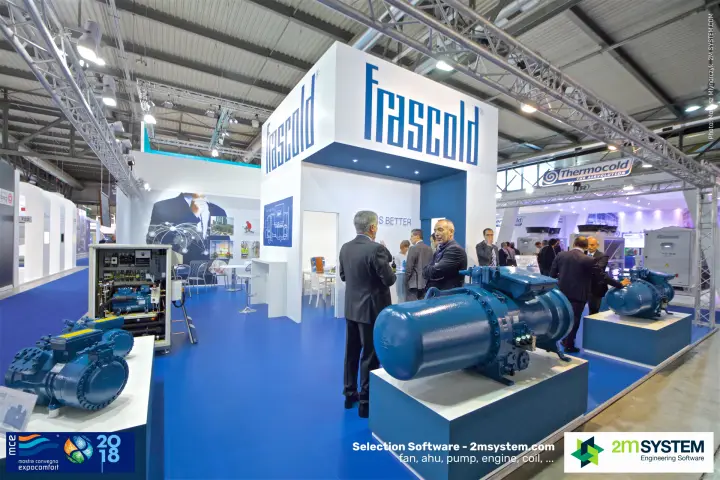 Frascold stand with blue screw and reciprocating compressors at MCE 2018