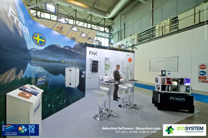 Fresh stand corner with opened heat recovery unit on a branded plinth at MCE 2018