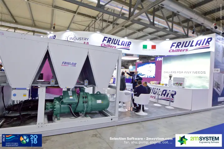 Friulair air-cooled chiller with open frame revealing its screw compressor