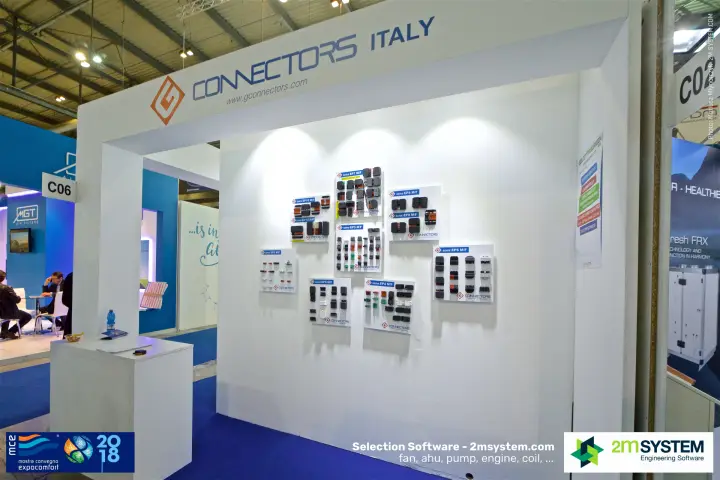 Front view of G Connectors booth C06 with connector sample panels at MCE 2018