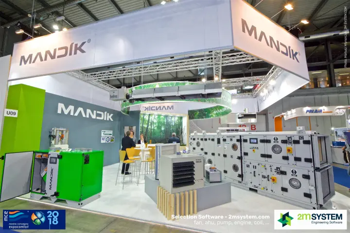 Front view of the Mandík stand U09 with green compact unit and AHU