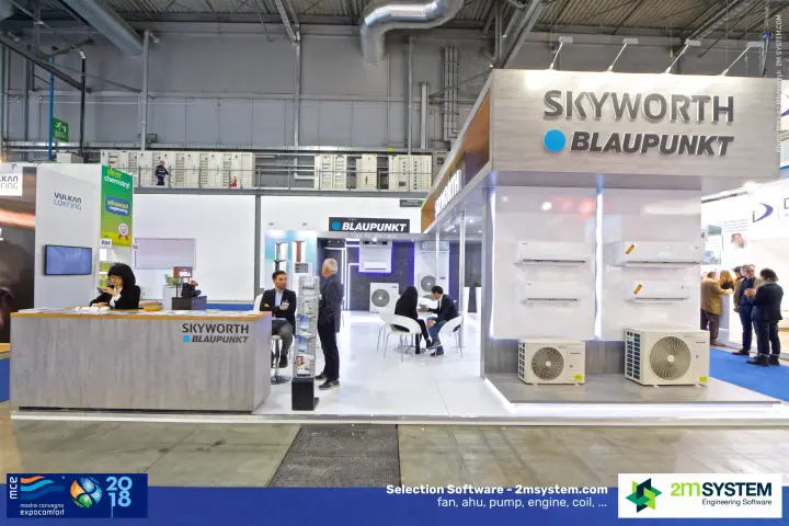 Front view of the Skyworth Blaupunkt stand and reception counter at MCE 2018