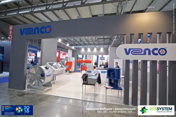 Front view of the Venco stand with axial and roof fans on display at MCE 2018