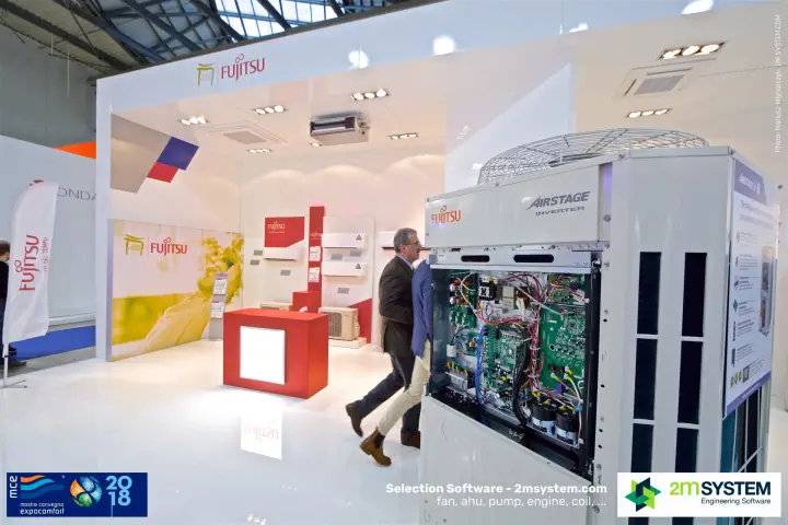 Fujitsu Airstage Inverter outdoor unit with open electronics panel at MCE 2018