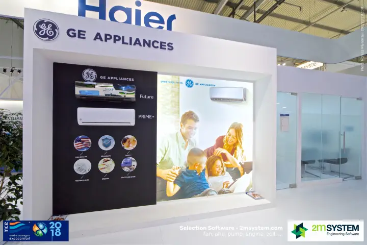 GE Appliances wall with Future and PRIME+ split units on Haier stand