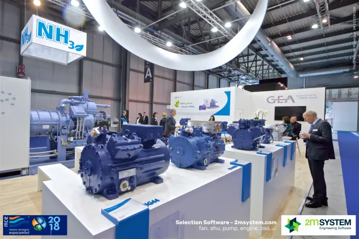 GEA blue compressors on plinths under an NH3 hanging cube at MCE 2018