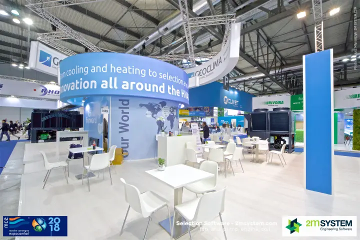 Geoclima stand with round blue fascia and white lounge seating at MCE 2018