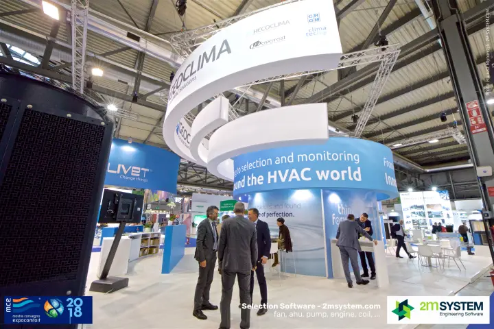 Geoclima stand with spiral fascia and "around the HVAC world" banner at MCE 2018