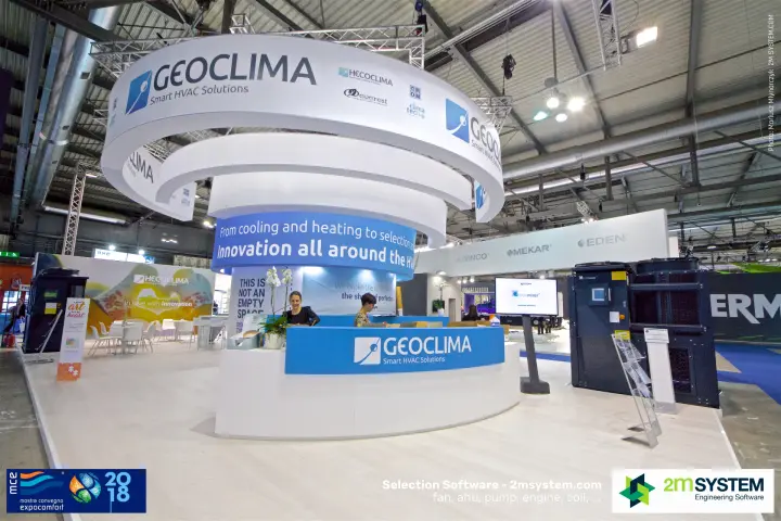 Geoclima stand with spiral ring structure and round reception desk