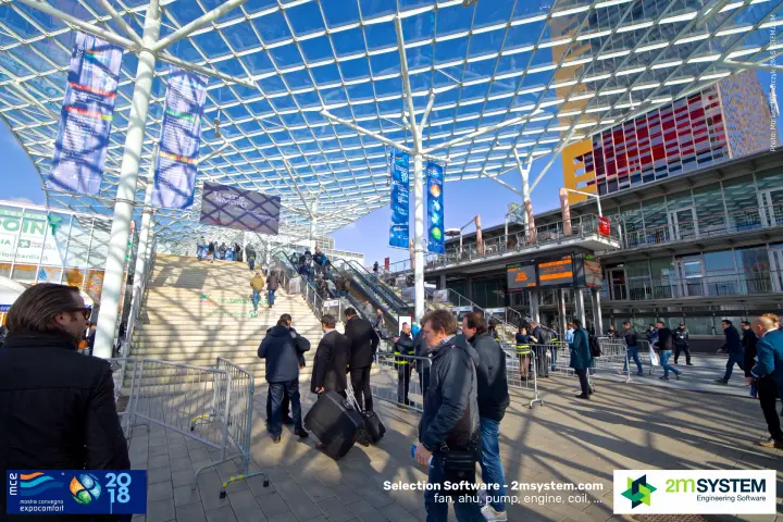 Glass canopy, hall-directory banners and staircase at the fairground entrance at MCE 2018