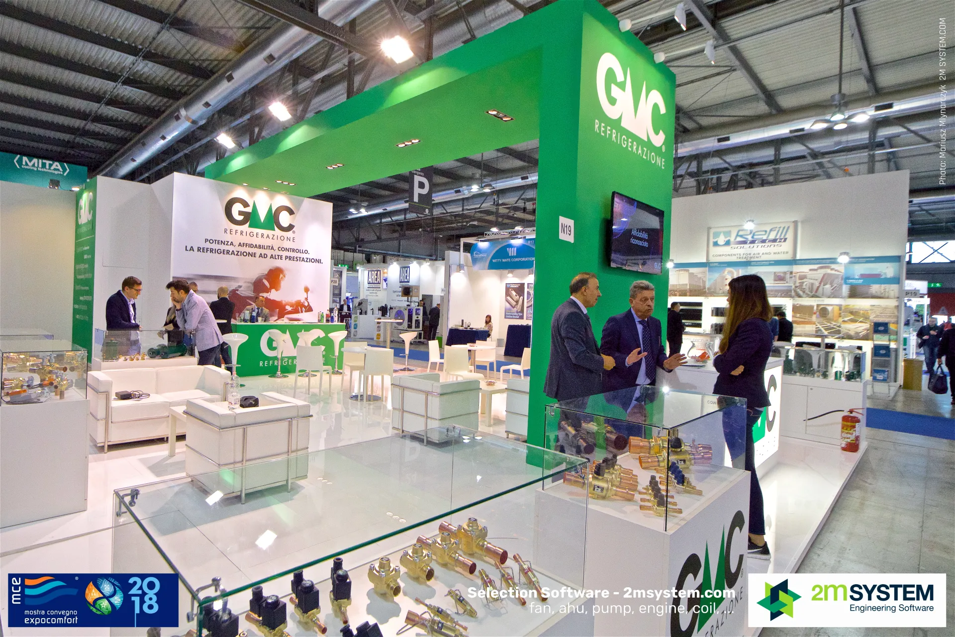 GMC solenoid and expansion valves in glass cases at stand N19 at MCE 2018