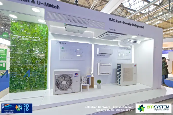 Gree U-Match and Free Match display with R32 units and green wall