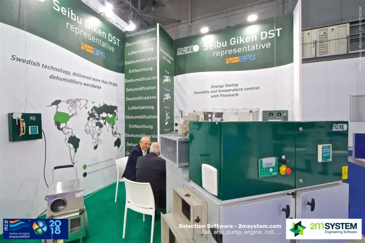 Green DST desiccant dehumidifier with controller on the BPS stand at MCE 2018