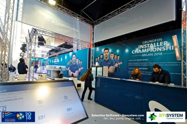 Grundfos reception counter and touchscreen at the Installer Championship area at MCE 2018