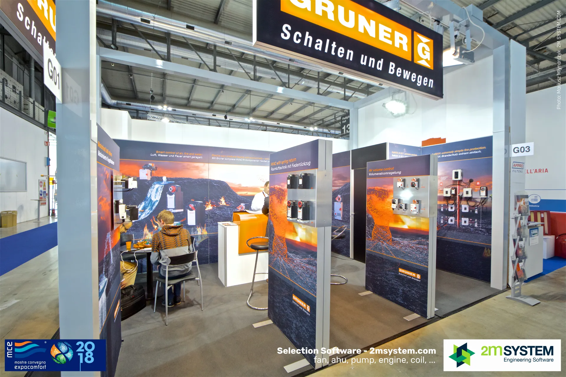 Gruner stand with actuator displays under the 'Schalten und Bewegen' sign at MCE 2018
