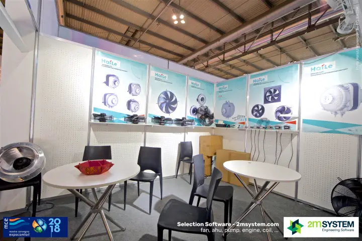 Haile booth with shaded-pole motors, axial fans and a centrifugal fan sample at MCE 2018