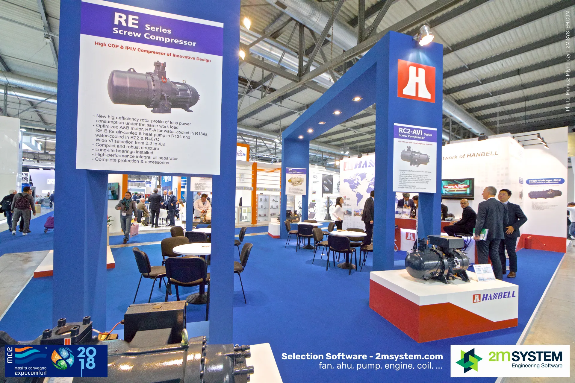 Hanbell screw compressors and RE Series poster on a blue stand at MCE 2018