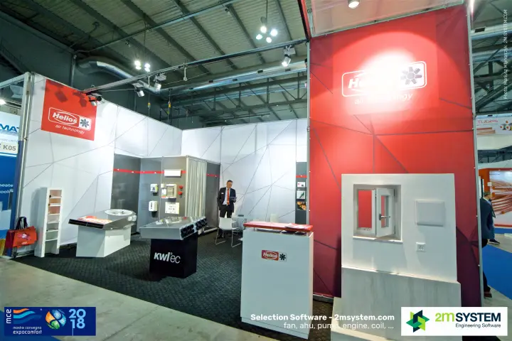 Helios air technology stand with KWL EC display and window mock-up at MCE 2018
