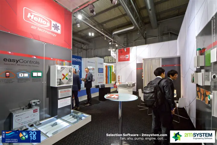 Helios easyControls panel with open KWL unit and flexpipe plus ducts at MCE 2018