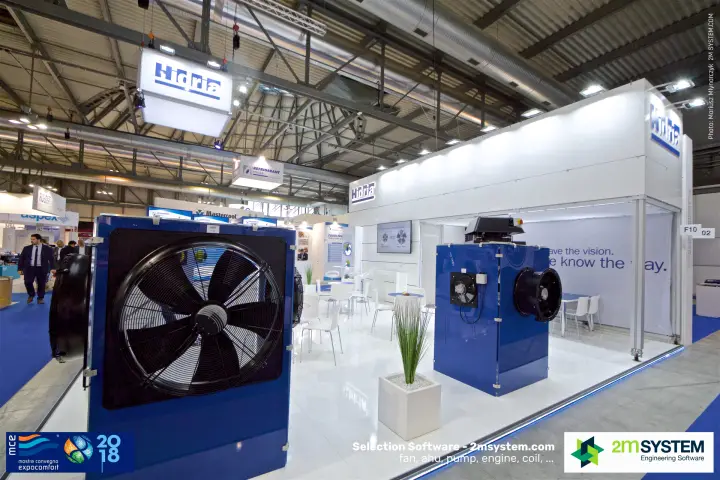 Hidria stand with blue axial fan units and suspended logo cube