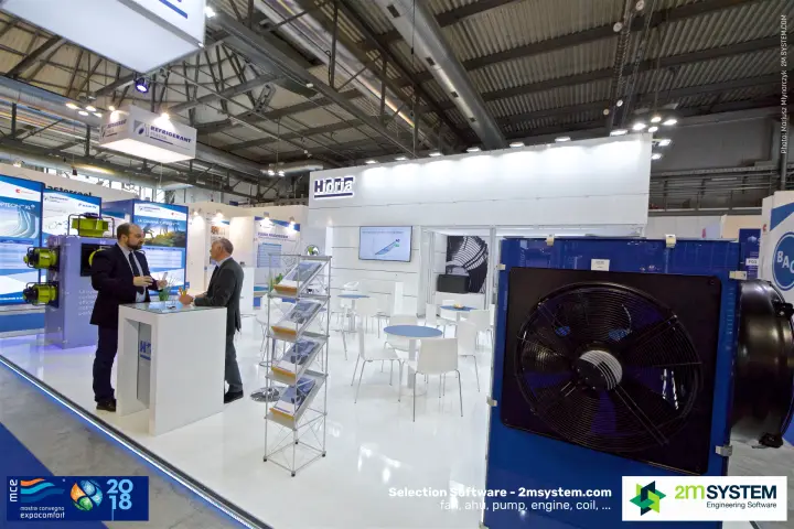 Hidria stand with a large axial fan unit and staff at the counter
