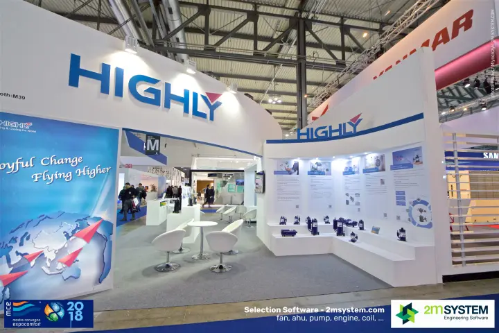 Highly stand M39 with rotary compressors on stepped white shelves at MCE 2018