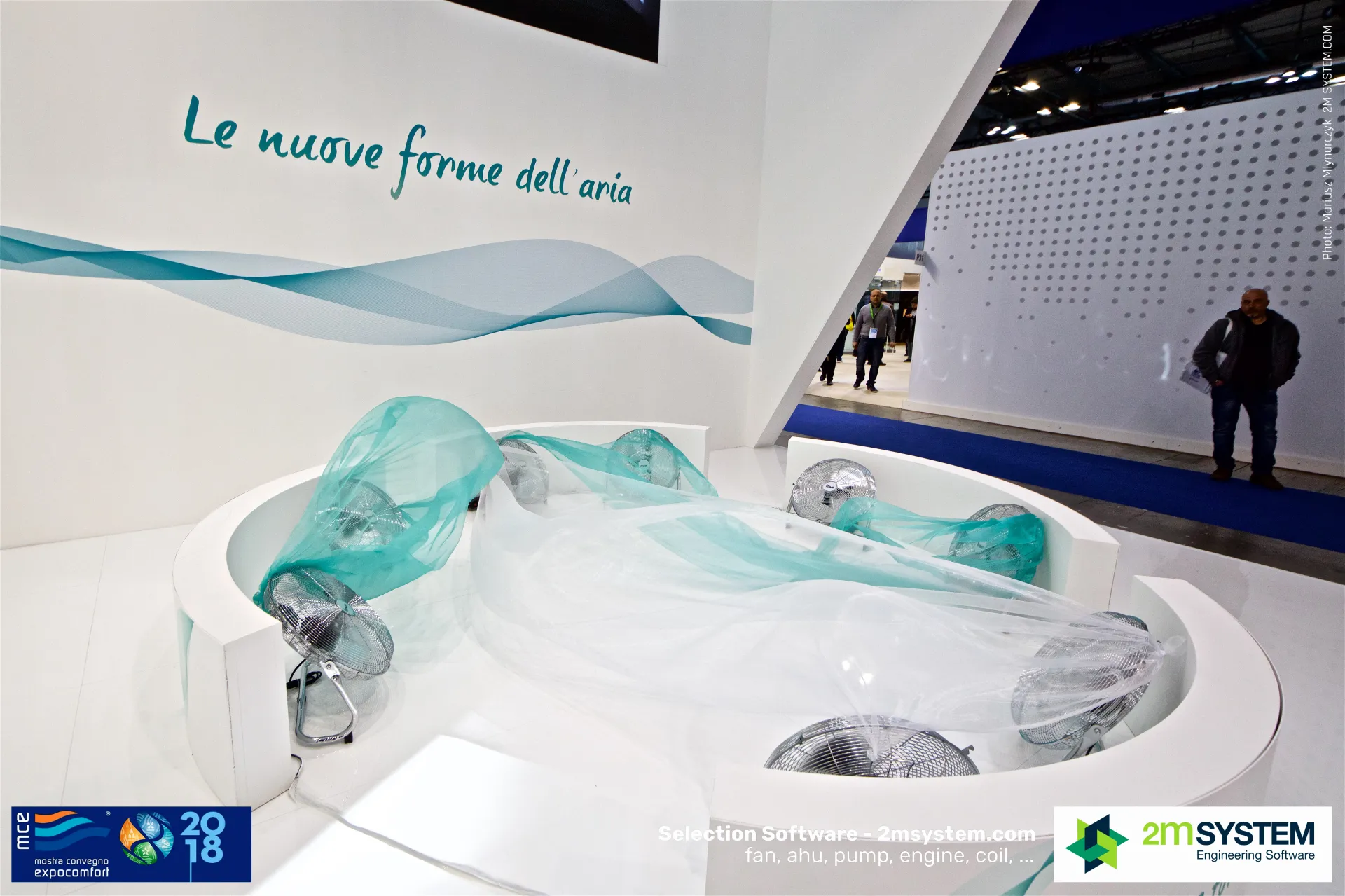 Hisense airflow installation with fans blowing turquoise fabric at MCE 2018