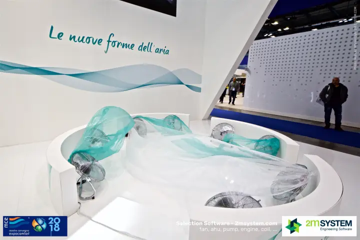 Hisense airflow installation with fans blowing turquoise fabric at MCE 2018