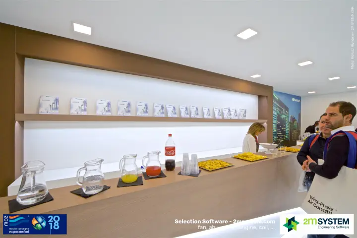 Hisense hospitality bar with drinks, snacks and brochure shelf at MCE 2018
