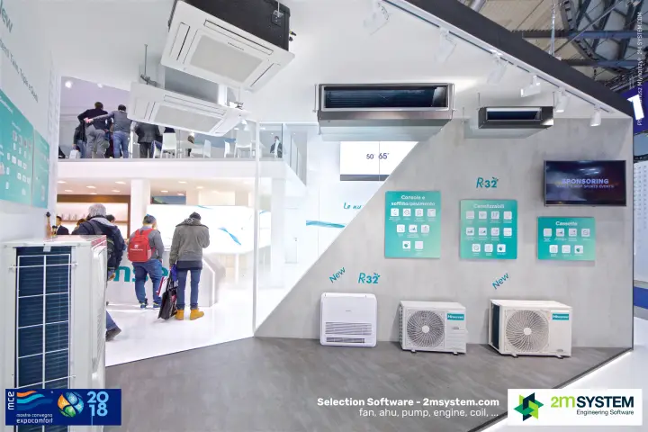 Hisense R-32 cassette, ducted and console units on a grey wall at MCE 2018