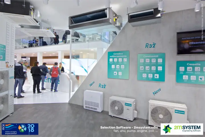Hisense R-32 indoor unit panels with visitors at the reception at MCE 2018