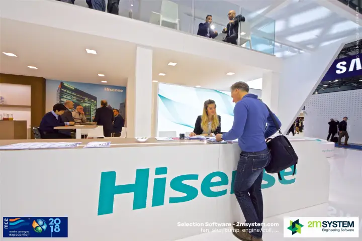 Hisense reception counter below the stand's glazed upper floor at MCE 2018