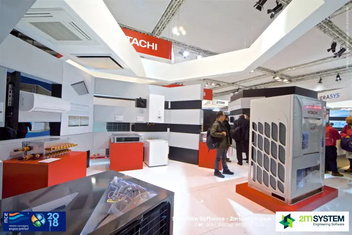 Hitachi display of cassettes, wall split, VRF outdoor unit and hydronic units at MCE 2018