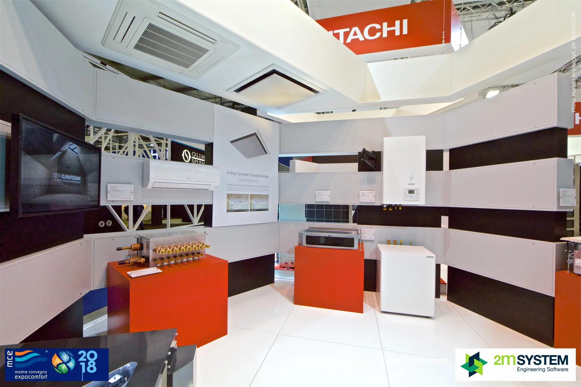 Hitachi indoor units, cassettes and refrigerant distributor on red plinths at MCE 2018