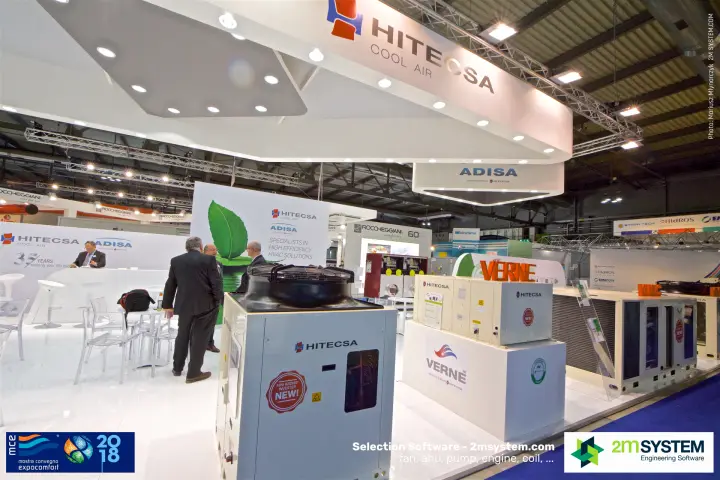 Hitecsa Mini Krono inverter unit and Verne series on white stand at MCE 2018