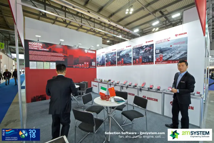 Hoocon stand with red automation wall and actuators along the counters at MCE 2018