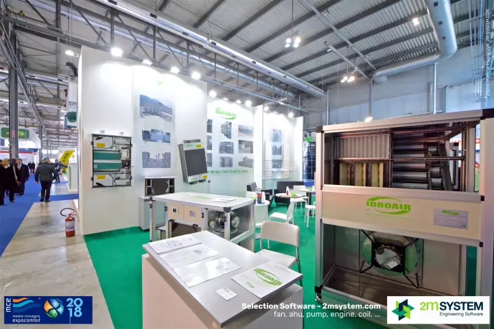 Idroair stand with an open air handling unit showing filters and fan