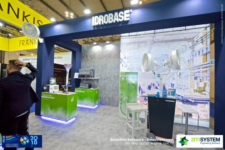 Idrobase stand with FOG ECO PRO high-pressure misting units and misting fans at MCE 2018