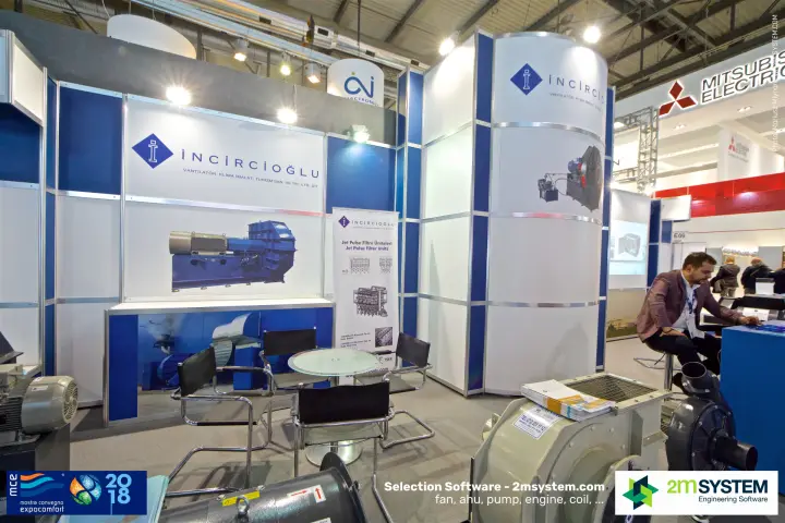 İncircioğlu stand with industrial fan graphics and Jet Pulse filter banner