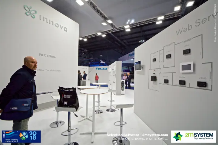 Innova stand with Filoterra trench fancoils and a Web Server control wall at MCE 2018