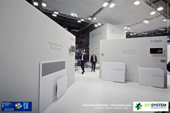 Innova STØNE high-efficiency heat pumps on a minimalist grey stand at MCE 2018