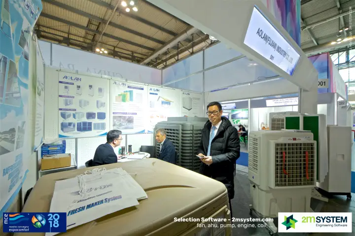 Inside the Aolan booth with mobile, window and industrial cooler posters at MCE 2018