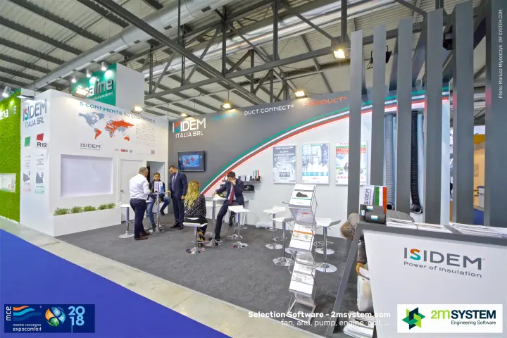Isidem Italia stand with flexible duct samples and meeting tables