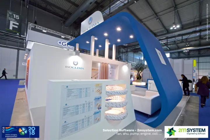 Isoclima stand with illuminated insulated pipe coils under a blue arch at MCE 2018