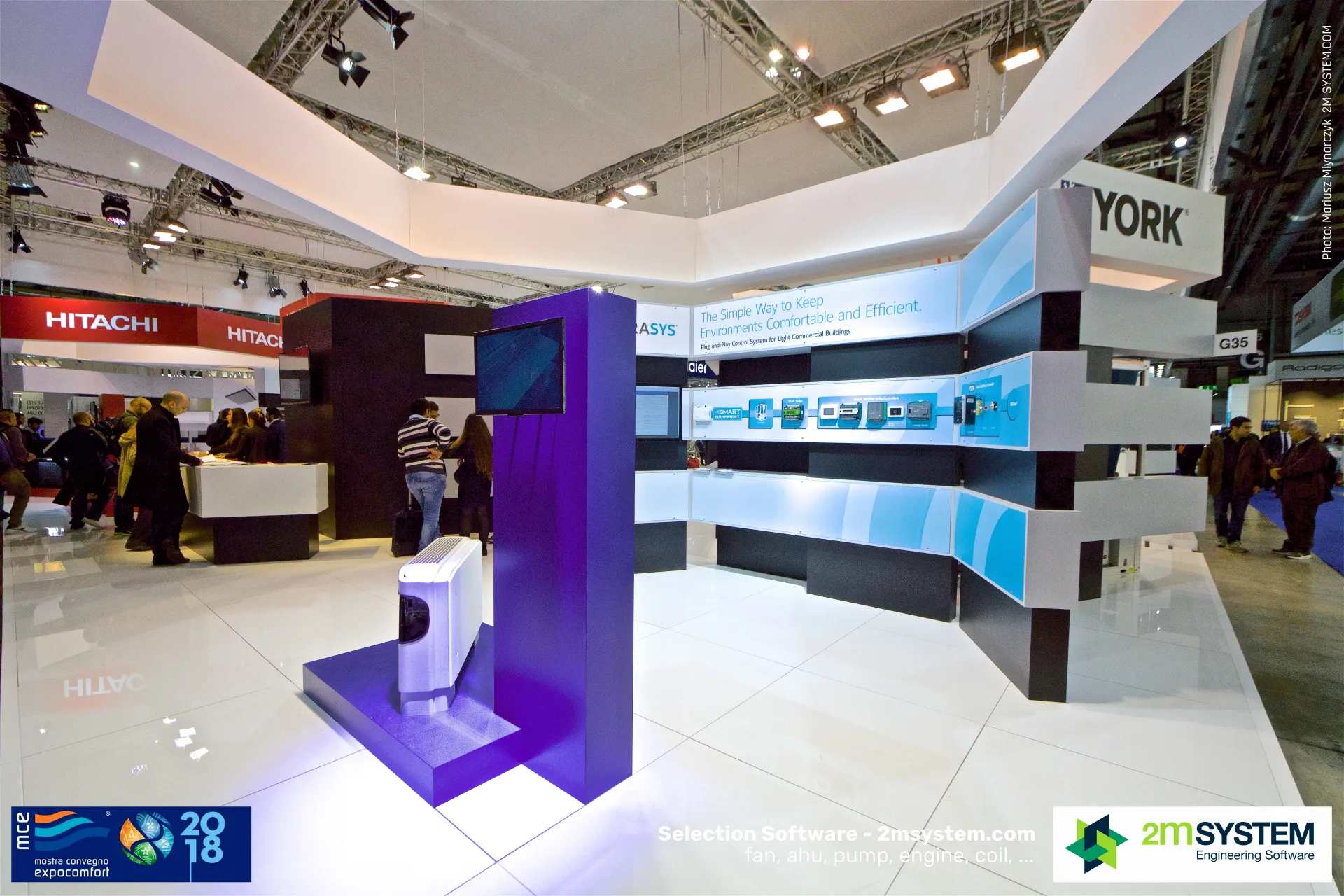 Johnson Controls Verasys control wall with a fan coil on a purple plinth at MCE 2018