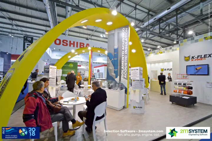 K-Flex lounge under yellow arches with K-Fire insulation samples at MCE 2018