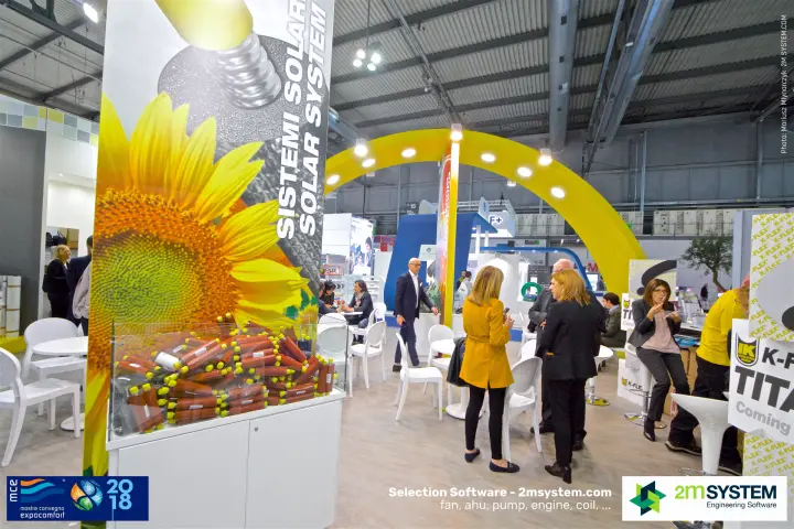 K-Flex solar systems column with sunflower graphic and pipe samples at MCE 2018