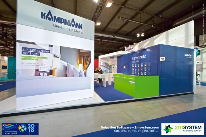 Kampmann stand with hotel climate graphic and green welcome counter at MCE 2018